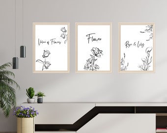 Flower Line Art Prints, Floral Wall Decor (Digital Download)