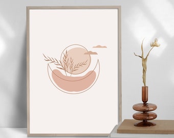Boho Sun and Moon Art Print, Neutral Abstract Decor (Digital Download)