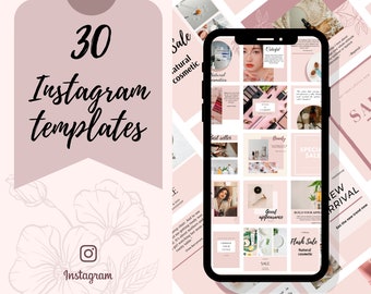 May include: A digital design featuring 30 Instagram templates with a pink and white color scheme. The templates are displayed on a smartphone screen, with additional design elements including the Canva logo and Instagram logo.