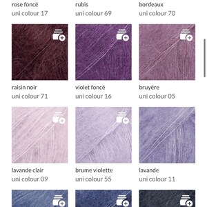 May include: A grid of twelve square yarn samples in various shades of pink, purple, and blue. Each sample displays a fuzzy, textured fiber appearance and is labeled with a color name and a specific uni colour number ranging from 05 to 71.