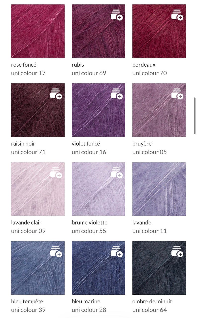 May include: A grid of twelve square yarn samples in various shades of pink, purple, and blue. Each sample displays a fuzzy, textured fiber appearance and is labeled with a color name and a specific uni colour number ranging from 05 to 71.