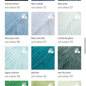 May include: A grid of twelve square yarn samples in various shades of blue, teal, and green. Each sample is labeled with its color name and uni colour number, including marine fonc&eacute; 65, bleu cobalt 21, bleu jean 27, bleu jean clair 08, bleu ciel clair 07, cristal de glace 59, aigue-marine 58, p&eacute;trole 24, mer du nord 37, vert perroquet 48, vert pomme 18, and glace pistache 47.