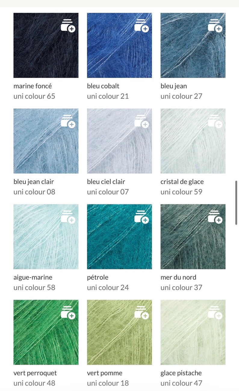 May include: A grid of twelve square yarn samples in various shades of blue, teal, and green. Each sample is labeled with its color name and uni colour number, including marine fonc&eacute; 65, bleu cobalt 21, bleu jean 27, bleu jean clair 08, bleu ciel clair 07, cristal de glace 59, aigue-marine 58, p&eacute;trole 24, mer du nord 37, vert perroquet 48, vert pomme 18, and glace pistache 47.
