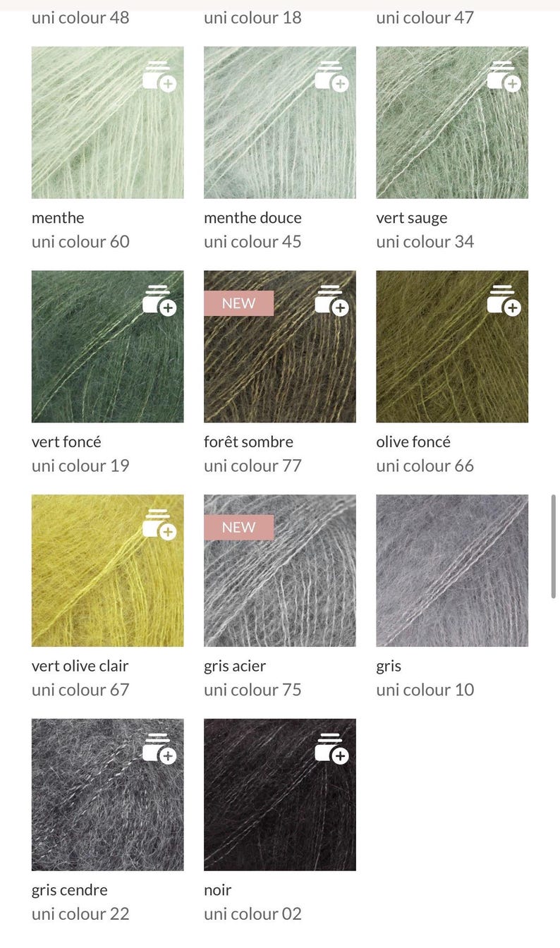 May include: A grid of twelve square swatches of fuzzy yarn in various shades of green, gray, and black. Each swatch is labeled with a color name and a uni colour number, including menthe, vert sauge, vert fonc&eacute;, for&ecirc;t sombre, olive fonc&eacute;, and noir.