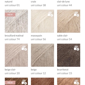 May include: A grid of twelve square swatches of fuzzy, textured yarn in various neutral shades ranging from off-white and light gray to beige, brown, and dark chocolate. Each swatch is labeled with a color name and a specific uni colour number.