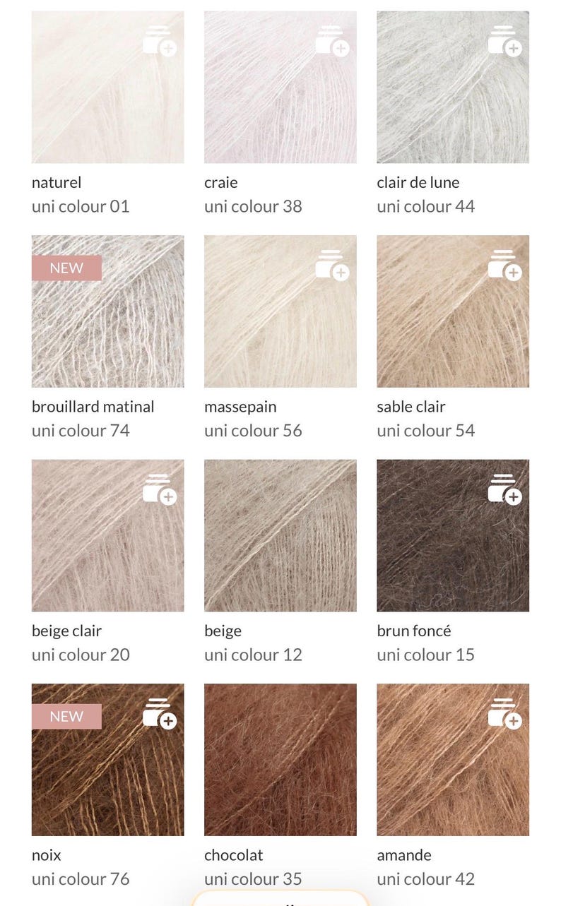 May include: A grid of twelve square swatches of fuzzy, textured yarn in various neutral shades ranging from off-white and light gray to beige, brown, and dark chocolate. Each swatch is labeled with a color name and a specific uni colour number.