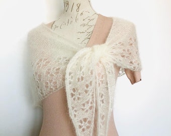 Châle écharpe étole femme tricoté main en mohair et soie avec perles couleur blanc