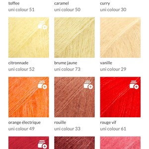 May include: A grid of twelve square yarn samples in various shades of brown, yellow, orange, and red. Each sample is labeled with a color name and a uni colour number, including toffee 51, caramel 50, curry 30, citronnade 52, brume jaune 73, vanille 29, orange &eacute;lectrique 49, rouille 33, rouge vif 61, rouge 14, grenat 68, and framboise 32.