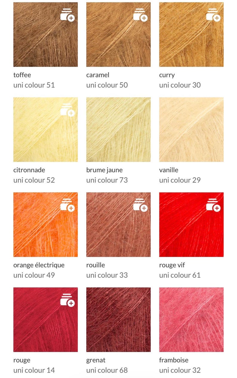 May include: A grid of twelve square yarn samples in various shades of brown, yellow, orange, and red. Each sample is labeled with a color name and a uni colour number, including toffee 51, caramel 50, curry 30, citronnade 52, brume jaune 73, vanille 29, orange &eacute;lectrique 49, rouille 33, rouge vif 61, rouge 14, grenat 68, and framboise 32.