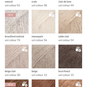 May include: A grid of twelve square swatches of fuzzy, mohair-style yarn in various neutral shades ranging from off-white and light gray to beige, tan, and dark brown. Each swatch is labeled with a color name and a specific uni colour number.