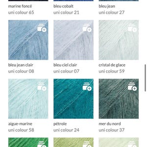 May include: A grid of twelve square swatches of fuzzy, textured yarn in various shades of blue, teal, and green. Each swatch is labeled with a color name and a uni colour number, including marine fonc&eacute; 65, bleu cobalt 21, bleu jean 27, bleu jean clair 08, bleu ciel clair 07, cristal de glace 59, aigue-marine 58, p&eacute;trole 24, mer du nord 37, vert perroquet 48, vert pomme 18, and glace pistache 47.