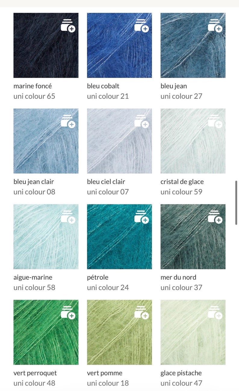 May include: A grid of twelve square swatches of fuzzy, textured yarn in various shades of blue, teal, and green. Each swatch is labeled with a color name and a uni colour number, including marine fonc&eacute; 65, bleu cobalt 21, bleu jean 27, bleu jean clair 08, bleu ciel clair 07, cristal de glace 59, aigue-marine 58, p&eacute;trole 24, mer du nord 37, vert perroquet 48, vert pomme 18, and glace pistache 47.