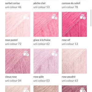 May include: A grid of twelve square swatches of fuzzy, mohair-style yarn in various shades of pink, peach, and mauve. Each swatch is labeled with its color name and uni colour number, including sorbet cerise 46, p&ecirc;che clair 53, caresse du soleil 78, rose pastel 72, glace &agrave; la fraise 62, rose vif 13, vieux rose 04, rose p&acirc;le 03, rose poudr&eacute; 63, rose perle 40, poudre 41, and mauve 31.