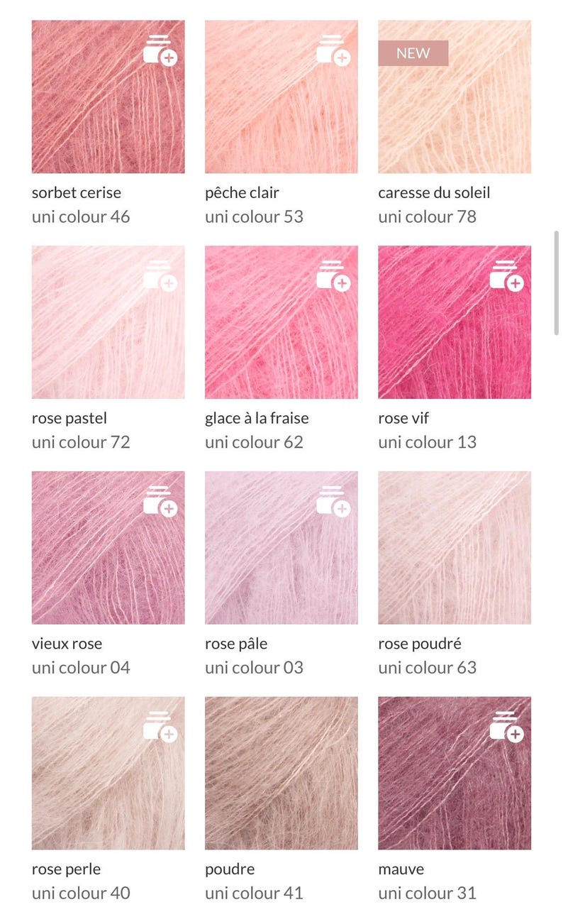May include: A grid of twelve square swatches of fuzzy, mohair-style yarn in various shades of pink, peach, and mauve. Each swatch is labeled with its color name and uni colour number, including sorbet cerise 46, p&ecirc;che clair 53, caresse du soleil 78, rose pastel 72, glace &agrave; la fraise 62, rose vif 13, vieux rose 04, rose p&acirc;le 03, rose poudr&eacute; 63, rose perle 40, poudre 41, and mauve 31.