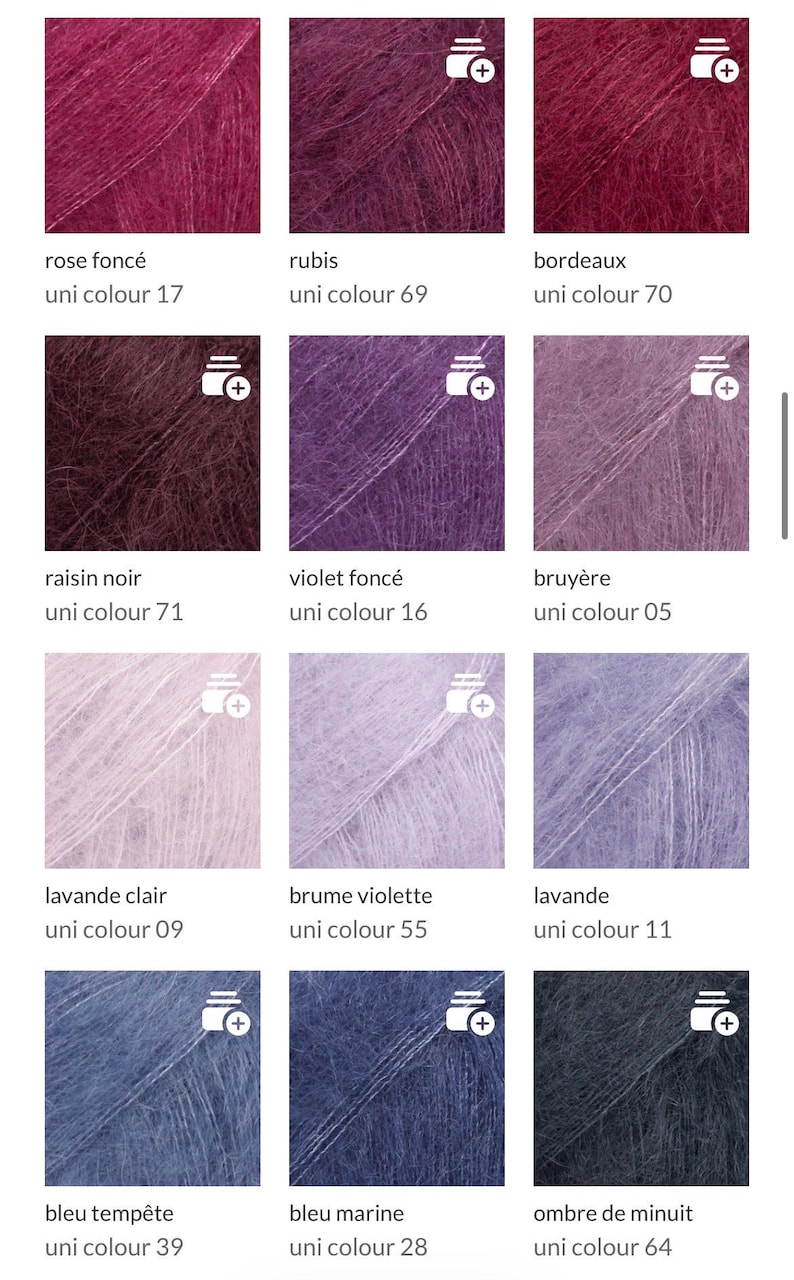 May include: A grid of twelve square swatches of fuzzy yarn in various shades of pink, purple, and blue. Each swatch is labeled with a color name and a uni colour number, including rose fonc&eacute; 17, rubis 69, bordeaux 70, raisin noir 71, violet fonc&eacute; 16, bruy&egrave;re 05, lavande clair 09, brume violette 55, lavande 11, bleu temp&ecirc;te 39, bleu marine 28, and ombre de minuit 64.
