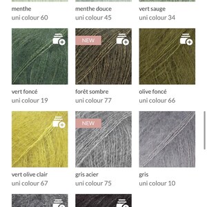 May include: A grid of twelve square swatches displaying various shades of fuzzy yarn, including light mint, sage, dark forest green, olive, steel gray, and black. Each swatch is labeled with a specific color name and a uni colour number.