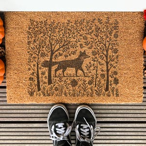 Cottagecore Floral Forest with Fox - Folklore Style Doormat - Bohemian Entryway Rug - Rustic Home Decor for Nature Lovers
