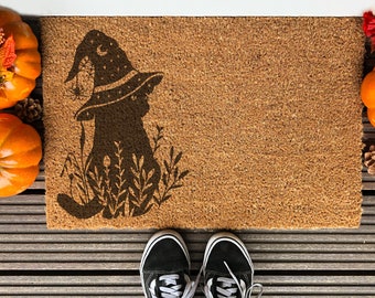 Witchy Cat Halloween Doormat Spooky Scary Floral Door Mat Minimalist Funny Entry Rug Coconut Cat Lover Doormat Fall Autumn Halloween Gift