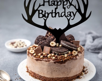 Antler Cake Topper, Rustic Happy Birthday Cake Decoration, Woodland Party Cake Topper, Deer Antler Birthday Topper, Hunting Theme Cake Decor