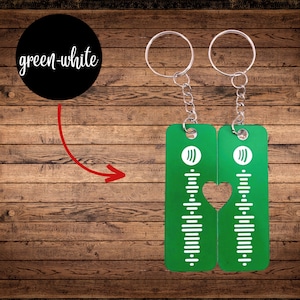 Op de afbeelding: Twee groene sleutelhangers met witte Spotify-code-ontwerpen. Eén sleutelhanger heeft een hartvormige uitsparing die verbinding maakt met de andere sleutelhanger om een compleet hart te vormen. De sleutelhangers hebben zilveren sleutelringen en kettingen. De afbeelding bevat ook een zwarte cirkel met de woorden "green-white".