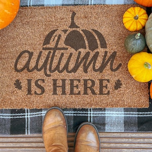 Autumn Is Here Doormat Pumpkin Season Fall Door Mat Cute Funny October Entry Rug Coconut Indoor Pumpkin Doormat Fall Autumn Halloween Gift