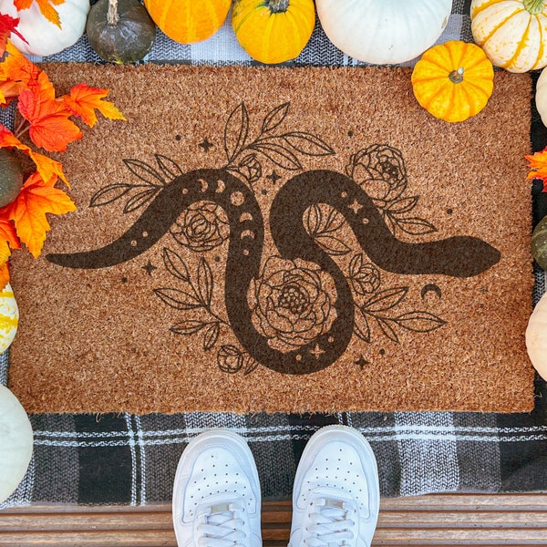 Snake Doormat Aesthetic Cottagecore Floral Door Mat Minimalist Spiritual Cute Entry Rug Coconut Coir Mat Witchy Alchemy Housewarming Gift