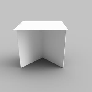 Könnte beinhalten: Ein weißer, quadratischer, klappbarer Tisch mit einer flachen Oberseite und einem schlichten Design.