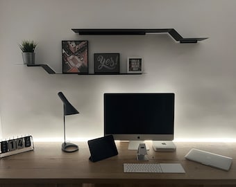 Serie de estanterías elegantes de metal, sistema de estanterías de diseño en diferentes colores y formas, sistema de estanterías de pared elegante, estantes minimalistas