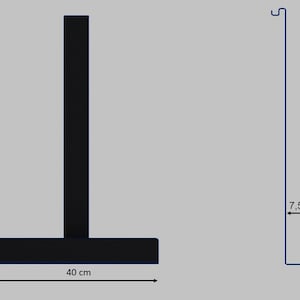 May include: A black T-shaped stand with a vertical post and a horizontal base. The stand measures 60 cm in height and 40 cm in width. A side profile view shows a thin blue metal structure with a hook at the top and a 7.5 cm deep base section.
