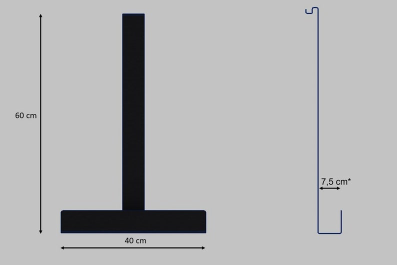 May include: A black T-shaped stand with a vertical post and a horizontal base. The stand measures 60 cm in height and 40 cm in width. A side profile view shows a thin blue metal structure with a hook at the top and a 7.5 cm deep base section.