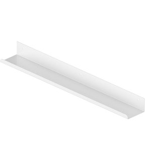 May include: White metal shelf with a simple design. The shelf is long and narrow, with a slight curve at the front edge. It is designed to be mounted on a wall.