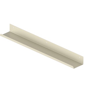 May include: A long, off-white metal shelf with a slight curve on the front edge. The shelf has several holes along the top and bottom edges for mounting.