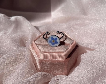 Forget Me Not Pressed Flower Ring: Gold/Silver Adjustable Band