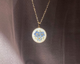 Pressed Forget-Me-Not Flower Necklace: 14K Gold Plated Resin Pendant