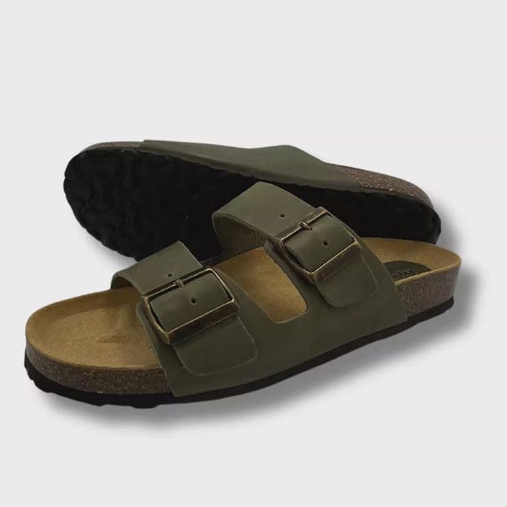 Khaki Green Leather and Cork Sandals – Adjustable Straps