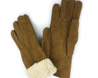 Gants fourrés en peau de Mouton Camel/Blanc