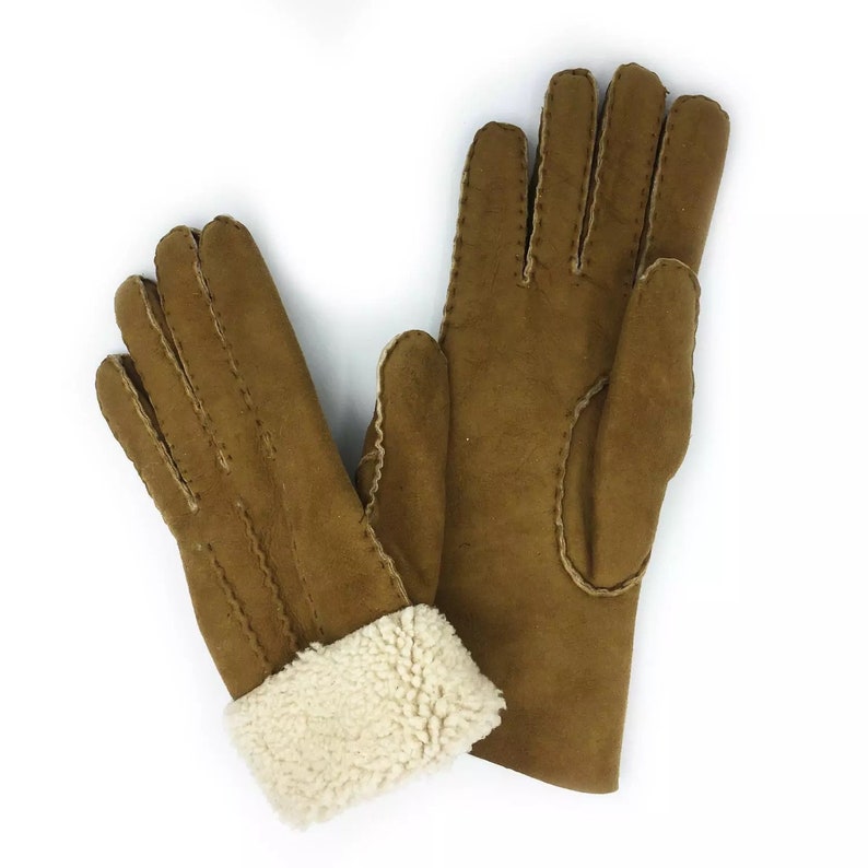 Gants fourrés en peau de Mouton Camel/Blanc image 1