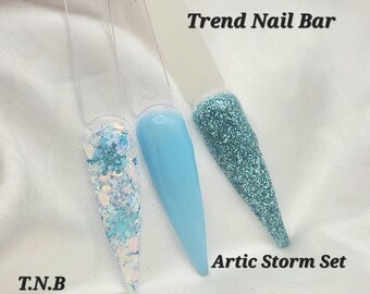 Arctic Storm| Nail Dip Powder Set| Light Blue Glitter Acrylic Powder| Blue Snowflakes Nail Art| Solid Blue Acrylic Powder| Trend Nail Bar