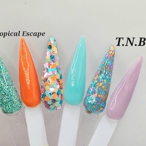 Tropical Escape Dip Powder Collection- Nail Dip Powder, Teal Blue Dip Powder, Dip Powder For Nails, Orange Dip Powder, Floral Dip Powder