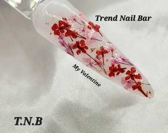 Puede incluir: Una punta de uña blanca con flores secas rojas y rosas y destellos dorados. El texto "My Valentine" y "Trend Nail Bar" es visible en la imagen.