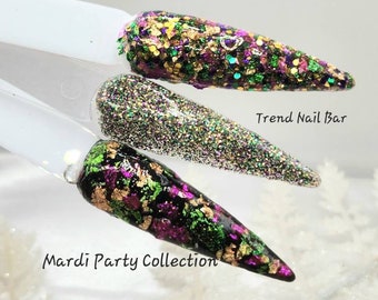 Mardi Gras| Nail Dip Powder| Glitter Acrylic Powder | Foil Nail Dip| Holiday Dip Powder| Purple Green Gold Nails| Trend Nail Bar