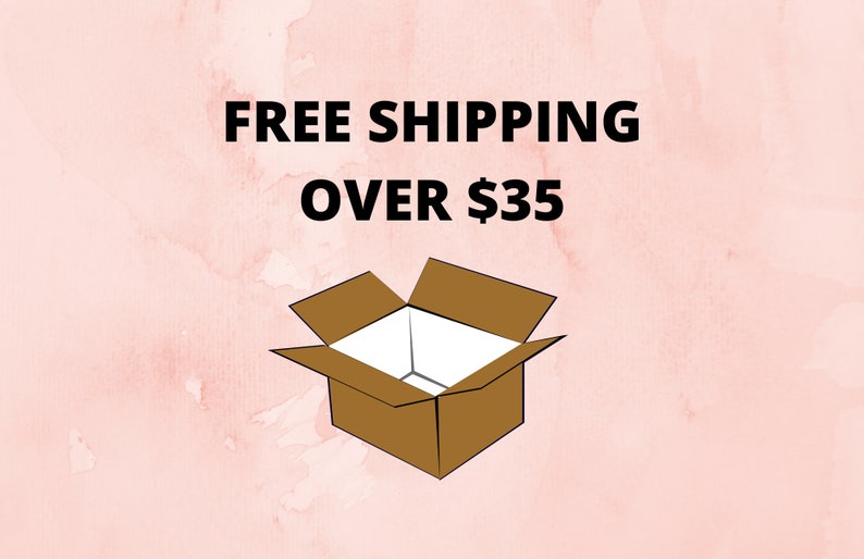May include: Free shipping on orders over $35. An open brown cardboard box is shown on a pink background.