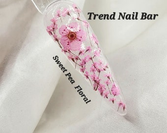 Puede incluir: Primer plano de una uña transparente con flores de guisante dulce rosas incrustadas. La uña está sobre un fondo blanco. El texto "Trend Nail Bar" y "Sweet Pea Floral" es visible en la imagen.