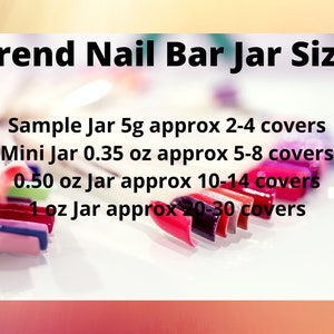 May include: A close-up of a row of colorful nail polish jars with different sizes and corresponding cover counts. The text reads: "Trend Nail Bar Jar Size" and lists the jar sizes and approximate cover counts for each size.  Sample Jar 5g approx 2-4 covers, Mini Jar 0.35 oz approx 5-8 covers, 0.50 oz Jar approx 10-14 covers, 1 oz Jar approx 20-30 covers.