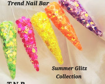 Summer Glitz| Glitter Dip Powder | Acrylic Nail Powder| Chunky Glitter Nail Dip| Neon| Trend Nail Bar