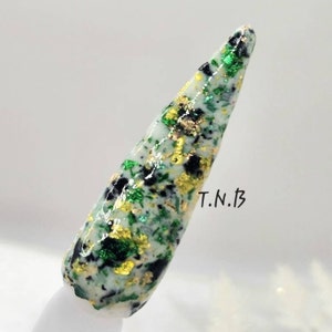 Pu&ograve; includere: Uno smalto per unghie bianco con glitter verde, oro e nero. Lo smalto per unghie &egrave; su una punta di unghia bianca. Il testo "T.N.B" &egrave; scritto sull'immagine.