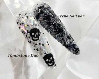 Halloween Nail Dip Powder Duo: Silver Glitter, Cross and Skull Nail Art