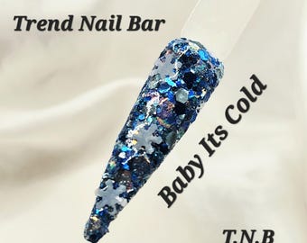 Baby Its Cold| Blue Glitter Acrylic Dip Powder| White Snowflake Nail Art| Dip Powder For Nails| Trend Nail Bar
