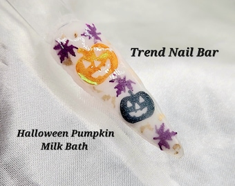 Halloween Pumpkin| Glitter Acrylic Nail Dip Powder| Orange Black 3D Glitter| Milky White Acrylic Nail| Trend Nail Bar