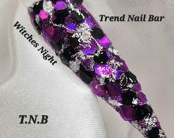 Witches Night| Halloween Nail Dip Powder| Purple Black Chunky Glitter Dip| Silver Foil Flake Nail Art| Acrylic Dip Powder| Trend Nail Bar